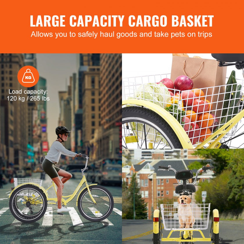 VEVOR Adult Tricycles Bike, 7 Speed Adult Trikes, 24 Inch Three-Wheeled Bicycles, Carbon Steel Cruiser Bike with Basket and Adjustable Seat, Picnic Shopping Tricycles for Seniors, Women, Men  (Yellow)