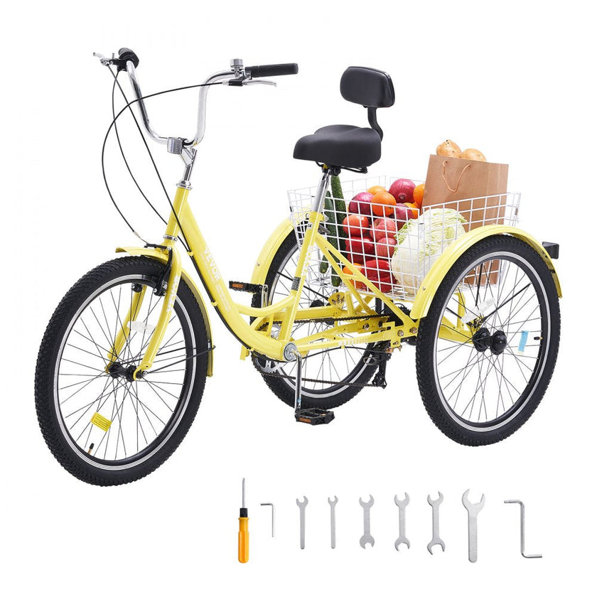 VEVOR Adult Tricycles Bike, 7 Speed Adult Trikes, 24 Inch Three-Wheeled Bicycles, Carbon Steel Cruiser Bike with Basket and Adjustable Seat, Picnic Shopping Tricycles for Seniors, Women, Men  (Yellow)