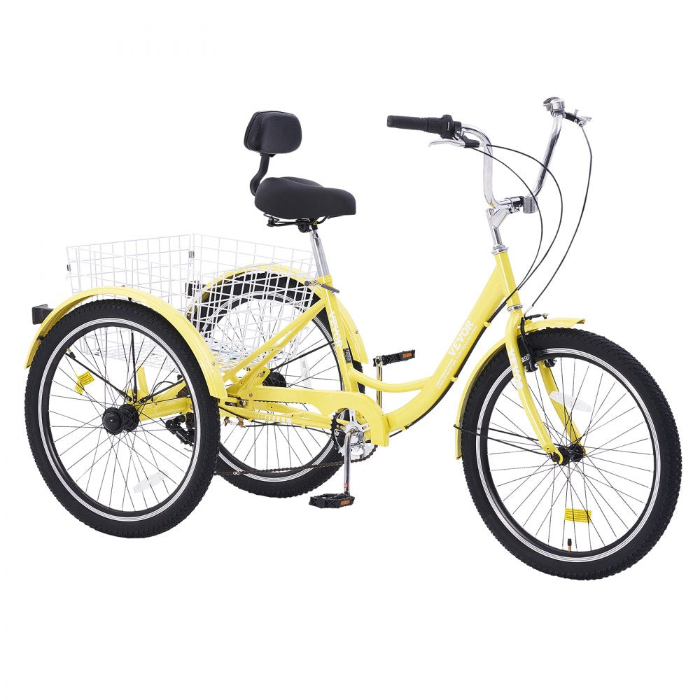 VEVOR Adult Tricycles Bike, 7 Speed Adult Trikes, 24 Inch Three-Wheeled Bicycles, Carbon Steel Cruiser Bike with Basket and Adjustable Seat, Picnic Shopping Tricycles for Seniors, Women, Men  (Yellow)