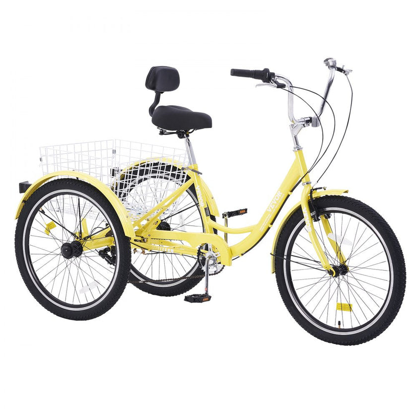 VEVOR Adult Tricycles Bike, 7 Speed Adult Trikes, 24 Inch Three-Wheeled Bicycles, Carbon Steel Cruiser Bike with Basket and Adjustable Seat, Picnic Shopping Tricycles for Seniors, Women, Men  (Yellow)