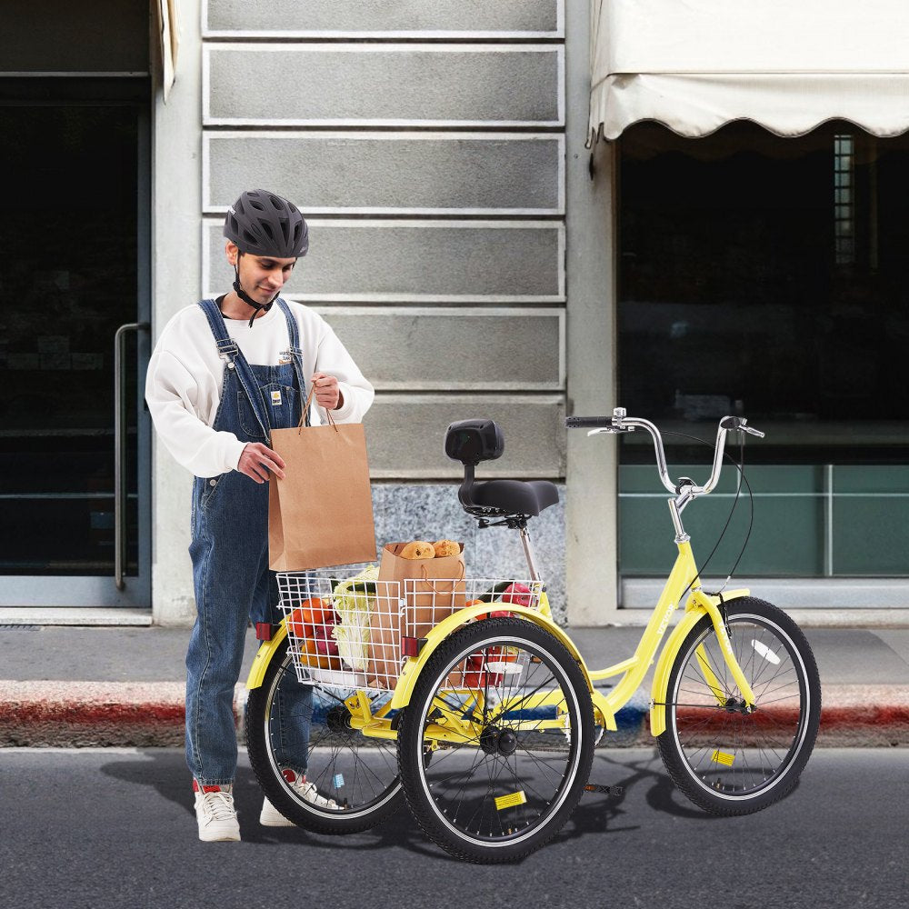 VEVOR Adult Tricycles Bike, 20 Inch Three-Wheeled Bicycles, 3 Wheel Bikes Trikes, Carbon Steel Cruiser Bike with Basket & Adjustable Seat, Picnic Shopping Tricycles for Seniors, Women, Men (Yellow)