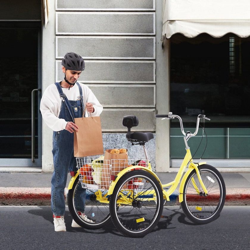 VEVOR Adult Tricycles Bike, 20 Inch Three-Wheeled Bicycles, 3 Wheel Bikes Trikes, Carbon Steel Cruiser Bike with Basket & Adjustable Seat, Picnic Shopping Tricycles for Seniors, Women, Men (Yellow)