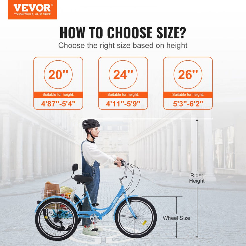 VEVOR Adult Tricycles Bike, 7 Speed Adult Trikes, 24 Inch Three-Wheeled Bicycles, Carbon Steel Cruiser Bike with Basket and Adjustable Seat, Picnic Shopping Tricycles for Seniors, Women, Men (Blue)