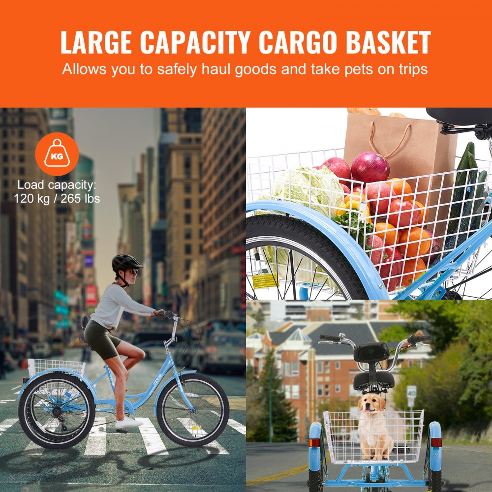 VEVOR Adult Tricycles Bike, 7 Speed Adult Trikes, 24 Inch Three-Wheeled Bicycles, Carbon Steel Cruiser Bike with Basket and Adjustable Seat, Picnic Shopping Tricycles for Seniors, Women, Men (Blue)