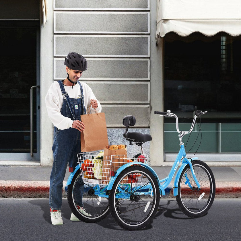 VEVOR Adult Tricycles Bike, 7 Speed Adult Trikes, 24 Inch Three-Wheeled Bicycles, Carbon Steel Cruiser Bike with Basket and Adjustable Seat, Picnic Shopping Tricycles for Seniors, Women, Men (Blue)