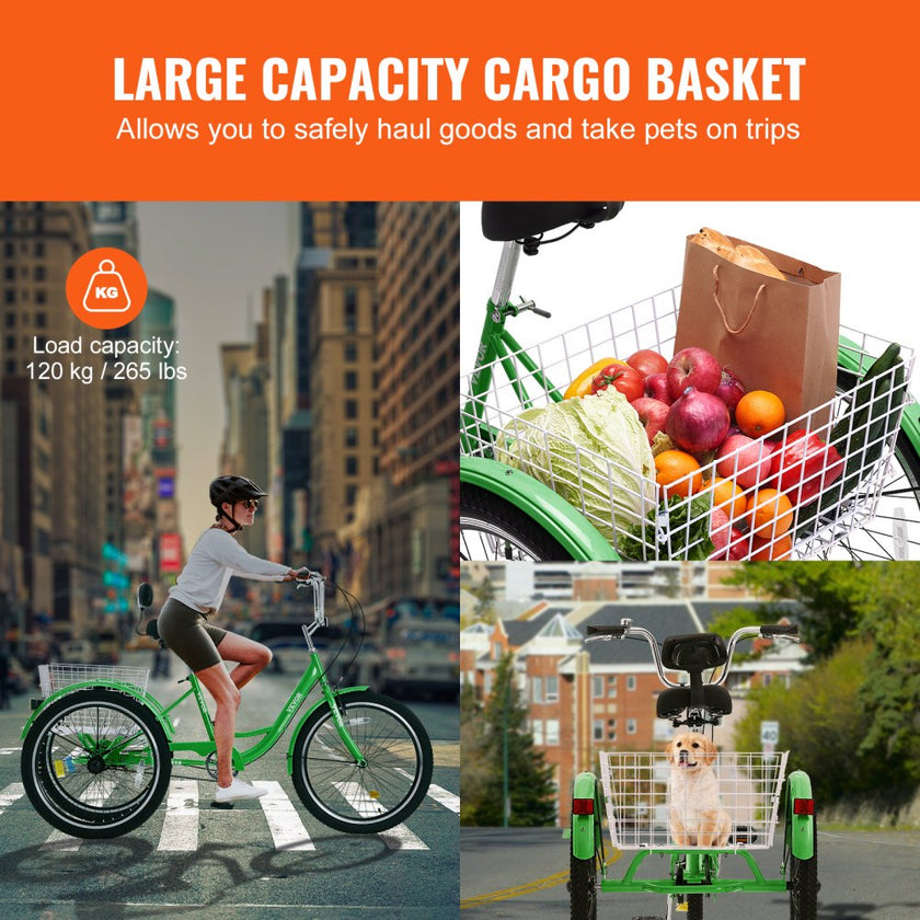 VEVOR Adult Tricycles Bike, 24 Inch Three-Wheeled Bicycles, 3 Wheel Bikes Trikes, Carbon Steel Cruiser Bike with Basket & Adjustable Seat, Picnic Shopping Tricycles for Seniors, Women, Men (Green)