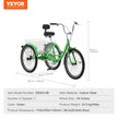 VEVOR Adult Tricycles Bike, 24 Inch Three-Wheeled Bicycles, 3 Wheel Bikes Trikes, Carbon Steel Cruiser Bike with Basket & Adjustable Seat, Picnic Shopping Tricycles for Seniors, Women, Men (Green)