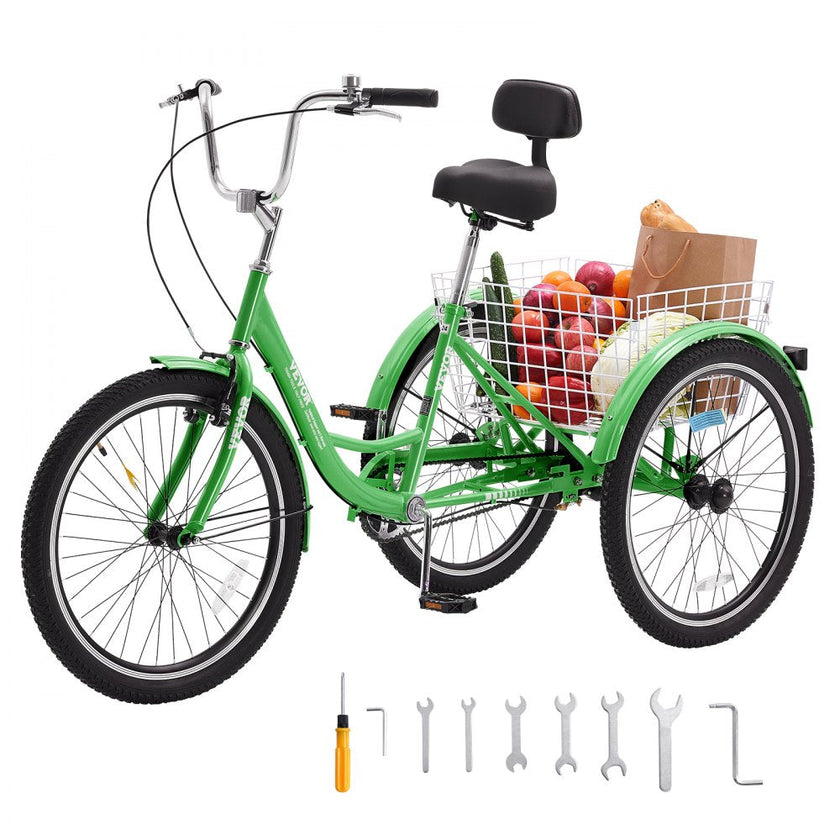 VEVOR Adult Tricycles Bike, 24 Inch Three-Wheeled Bicycles, 3 Wheel Bikes Trikes, Carbon Steel Cruiser Bike with Basket & Adjustable Seat, Picnic Shopping Tricycles for Seniors, Women, Men (Green)