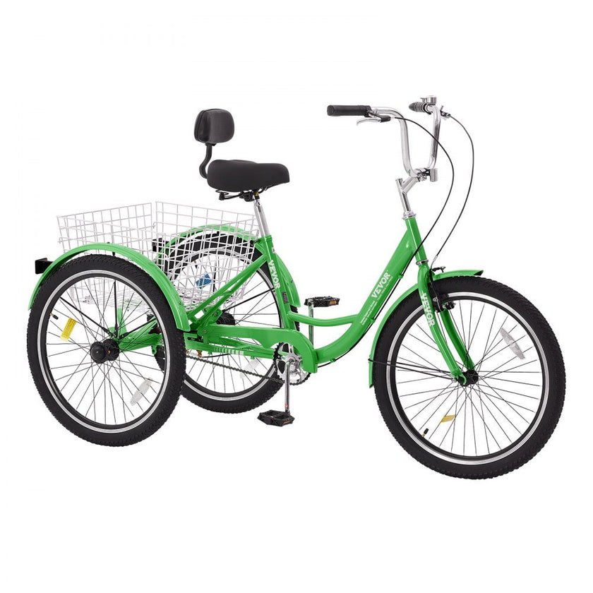 VEVOR Adult Tricycles Bike, 24 Inch Three-Wheeled Bicycles, 3 Wheel Bikes Trikes, Carbon Steel Cruiser Bike with Basket & Adjustable Seat, Picnic Shopping Tricycles for Seniors, Women, Men (Green)
