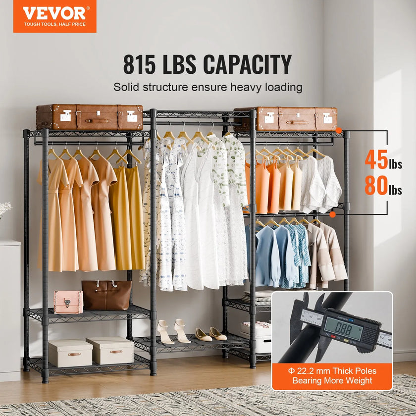 VEVOR Heavy Duty Clothes Rack, Rolling Clothing Garment Rack with 4 Hang Rods & 8 Storage Tiers, Adjustable Custom Closet Rack, Freestanding Wardrobe for Hanging Clothes, 800 lbs Load Capacity