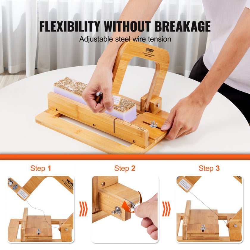 VEVOR Soap Cutter, 0-2 inch Adjustable Thickness, Bamboo Soap Slicer With Adjustable Stainless Steel Wire, Multi Handmade Soap Wire Cutter for Loaf, Candles, Cheese, Butter, DIY Making Cutting Tool