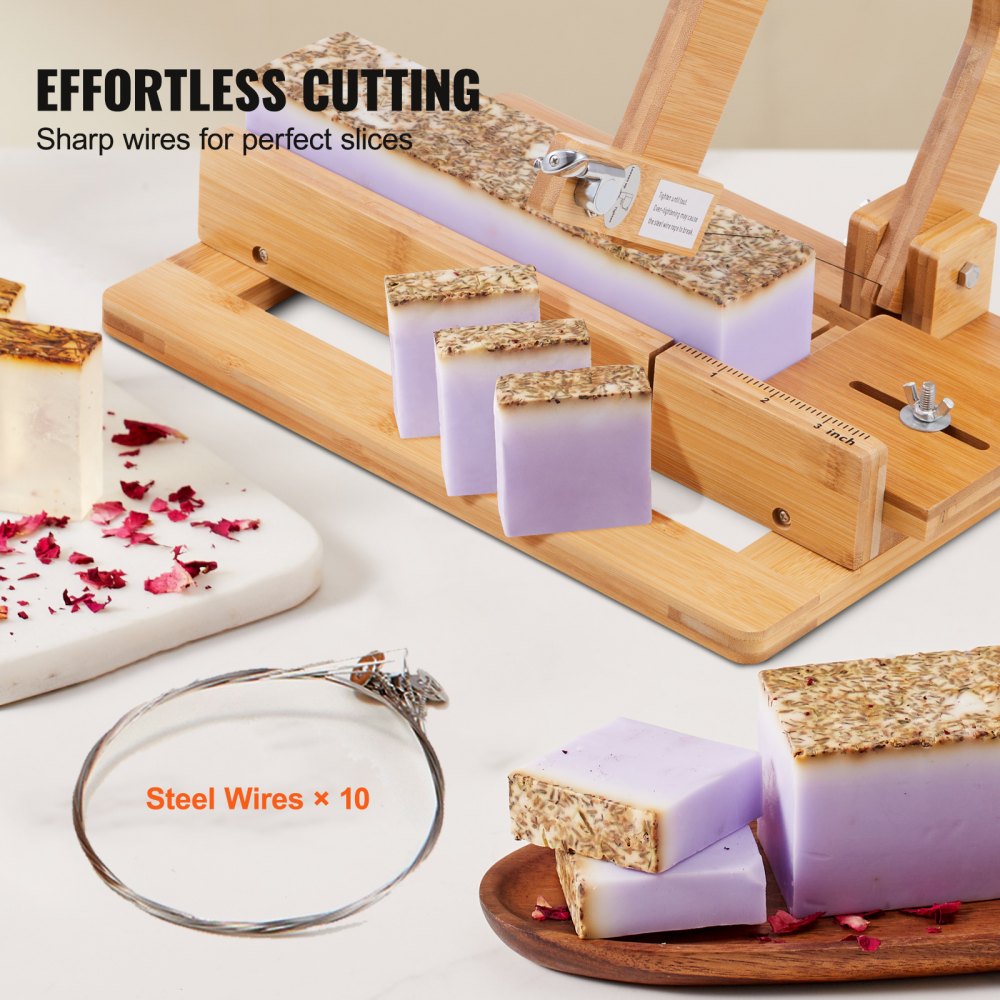 VEVOR Soap Cutter, 0-2 inch Adjustable Thickness, Bamboo Soap Slicer With Adjustable Stainless Steel Wire, Multi Handmade Soap Wire Cutter for Loaf, Candles, Cheese, Butter, DIY Making Cutting Tool