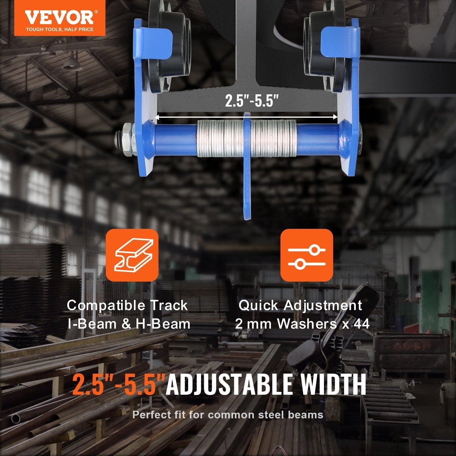 VEVOR Manual Trolley, 1100 lbs/0.5 Ton Load Capacity Push Beam Trolley with Dual Wheels, Adjustable for I-Beam Flange Width 2.5