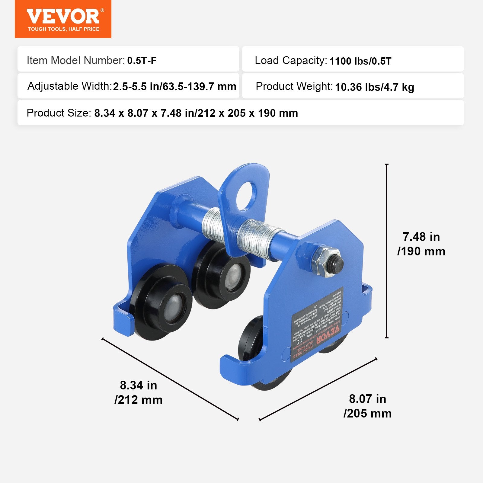 VEVOR Manual Trolley, 1100 lbs/0.5 Ton Load Capacity Push Beam Trolley with Dual Wheels, Adjustable for I-Beam Flange Width 2.5