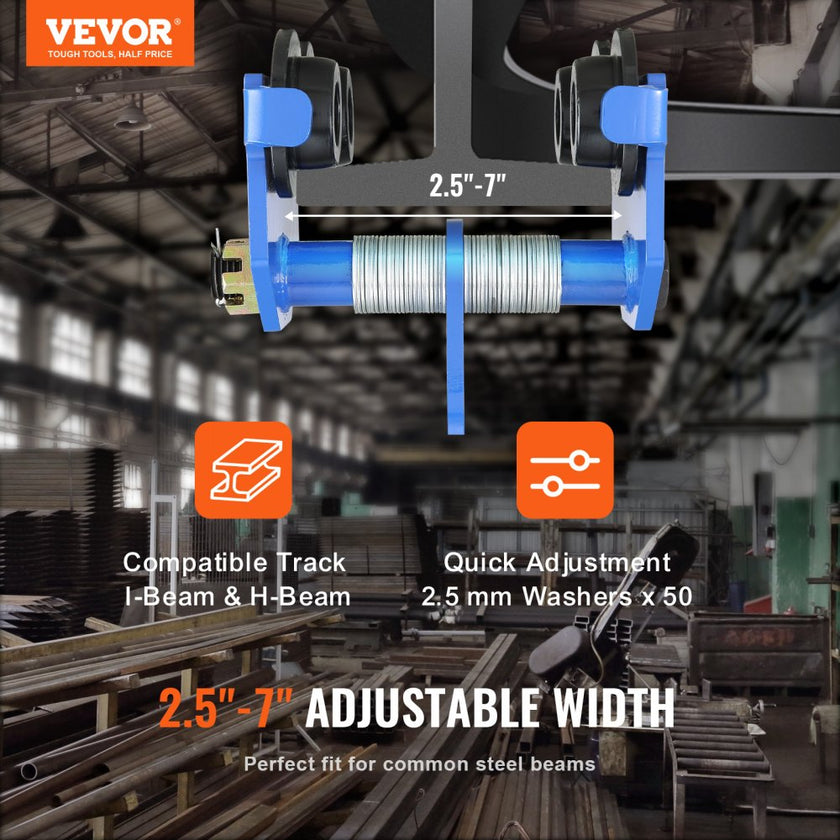 VEVOR Manual Trolley, 4400 lbs/2 Ton Load Capacity, Push Beam Trolley with Dual Wheels, Adjustable for I-Beam Flange Width 2.5