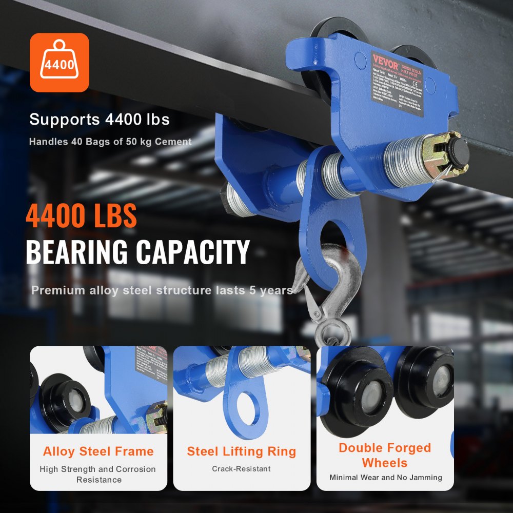 VEVOR Manual Trolley, 4400 lbs/2 Ton Load Capacity, Push Beam Trolley with Dual Wheels, Adjustable for I-Beam Flange Width 2.5