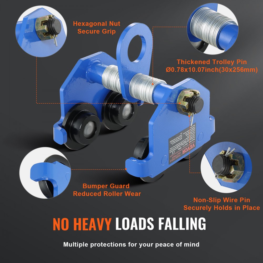 VEVOR Manual Trolley, 4400 lbs/2 Ton Load Capacity, Push Beam Trolley with Dual Wheels, Adjustable for I-Beam Flange Width 2.5