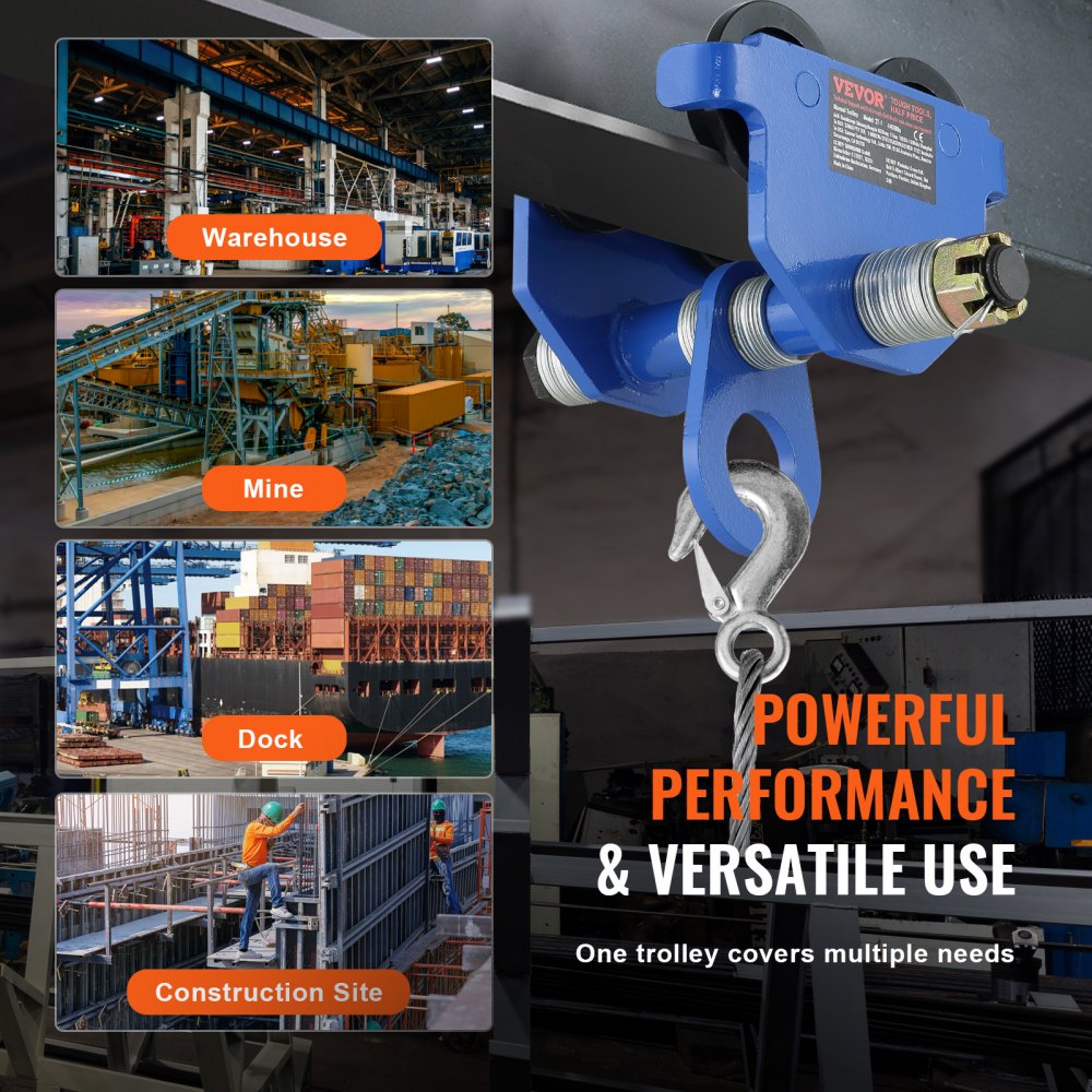 VEVOR Manual Trolley, 4400 lbs/2 Ton Load Capacity, Push Beam Trolley with Dual Wheels, Adjustable for I-Beam Flange Width 2.5
