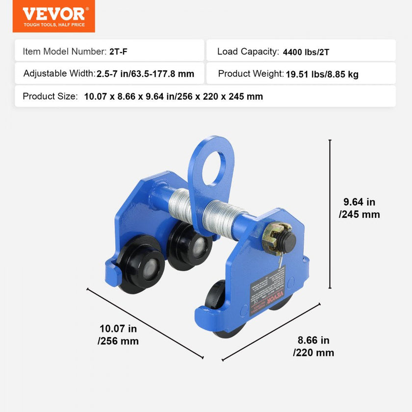 VEVOR Manual Trolley, 4400 lbs/2 Ton Load Capacity, Push Beam Trolley with Dual Wheels, Adjustable for I-Beam Flange Width 2.5