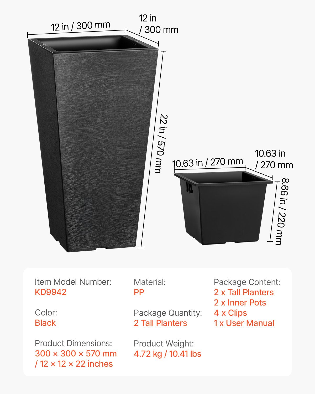 VEVOR Tall Planter Set of 2 Square Tapered Planters 22 in for Outdoor Indoor