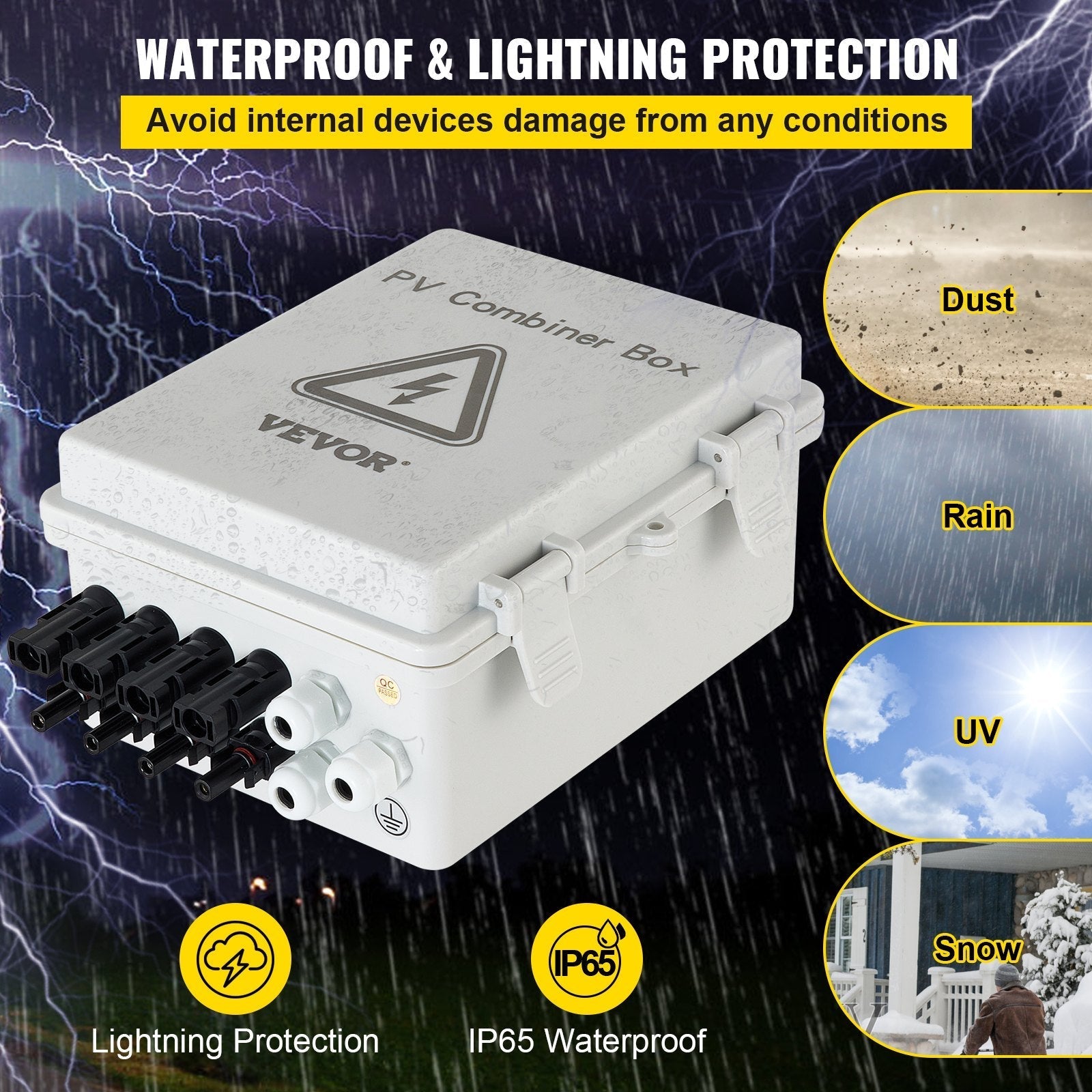 VEVOR PV Combiner Box, 4 String, Solar Combiner Box with 15A Rated Current Fuse, 63A Circuit Breaker, Lightning Arreste and Solar Connector, for On / Off Grid Solar Panel System, IP65 Waterproof