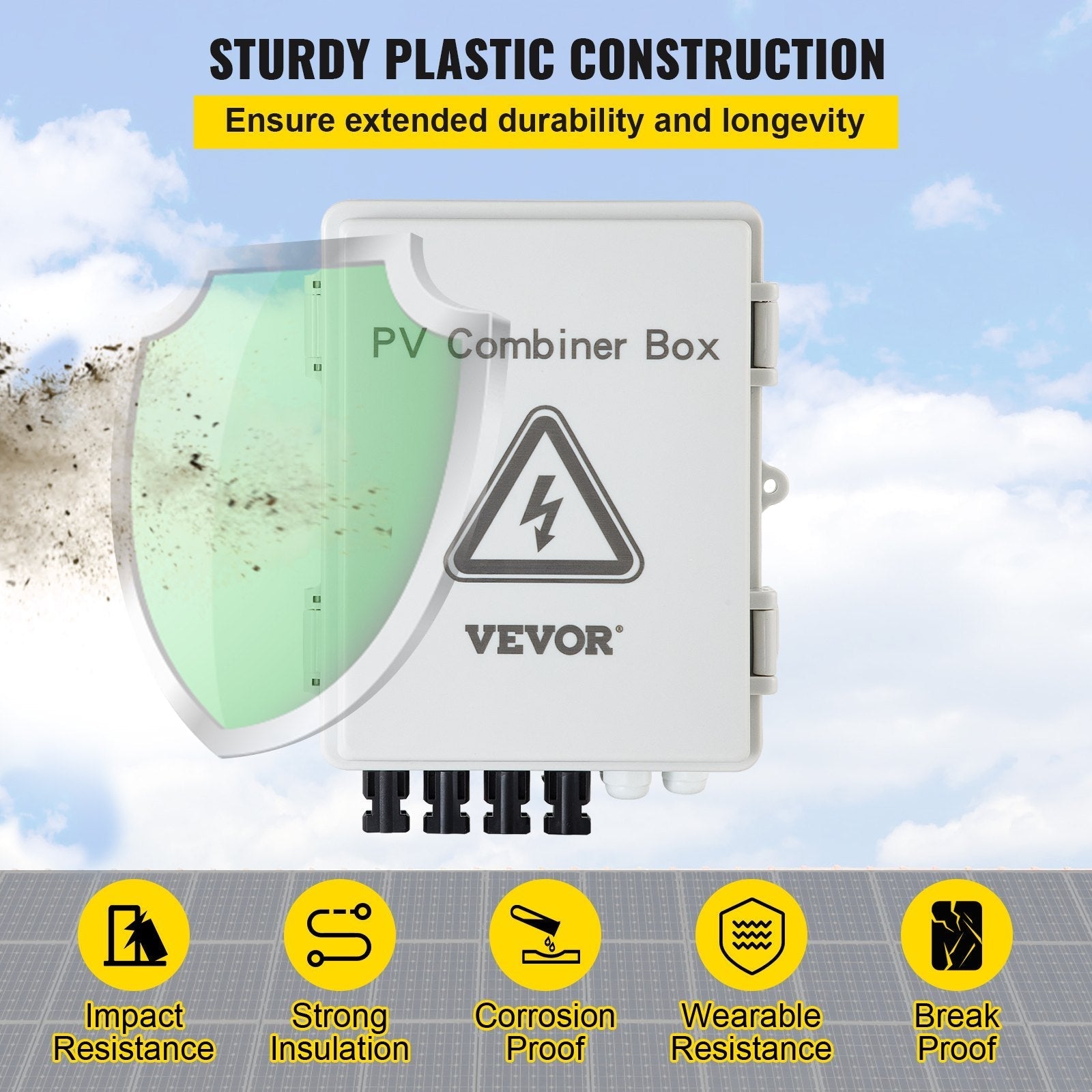 VEVOR PV Combiner Box, 4 String, Solar Combiner Box with 15A Rated Current Fuse, 63A Circuit Breaker, Lightning Arreste and Solar Connector, for On / Off Grid Solar Panel System, IP65 Waterproof