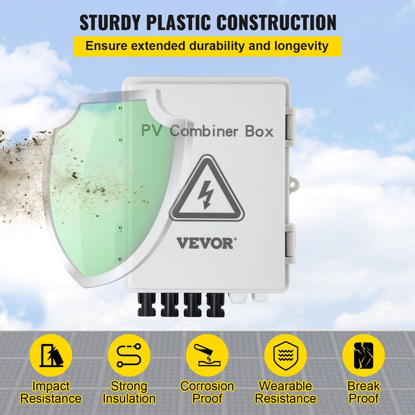 VEVOR PV Combiner Box, 4 String, Solar Combiner Box with 15A Rated Current Fuse, 63A Circuit Breaker, Lightning Arreste and Solar Connector, for On / Off Grid Solar Panel System, IP65 Waterproof