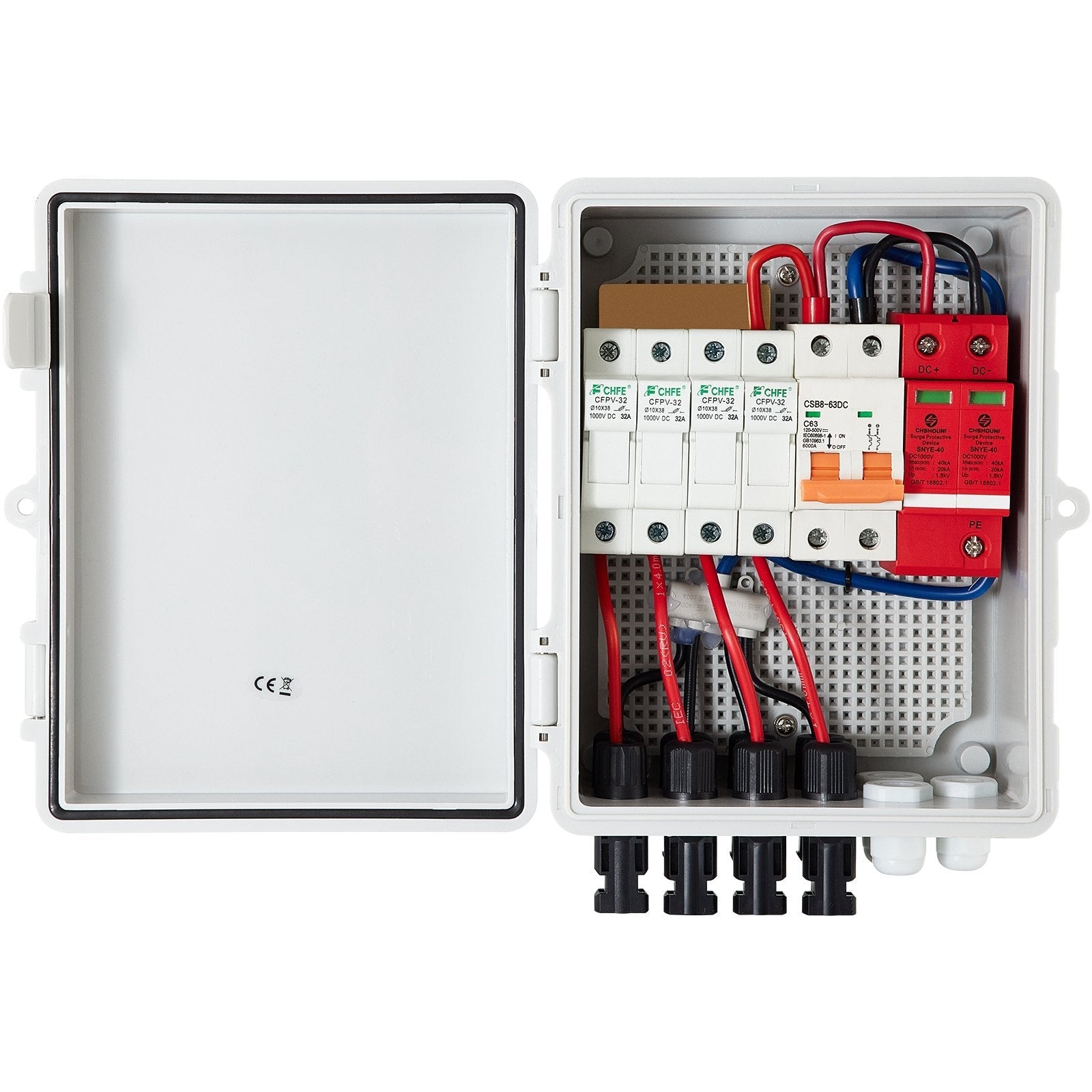 VEVOR PV Combiner Box, 4 String, Solar Combiner Box with 15A Rated Current Fuse, 63A Circuit Breaker, Lightning Arreste and Solar Connector, for On / Off Grid Solar Panel System, IP65 Waterproof