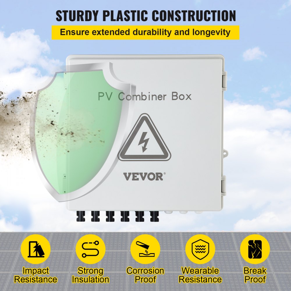 VEVOR PV Combiner Box, 6 String, Solar Combiner Box with 15A Rated Current Fuse, 125A Circuit Breaker, Lightning Arreste and Solar Connector, for On / Off Grid Solar Panel System, IP65 Waterproof