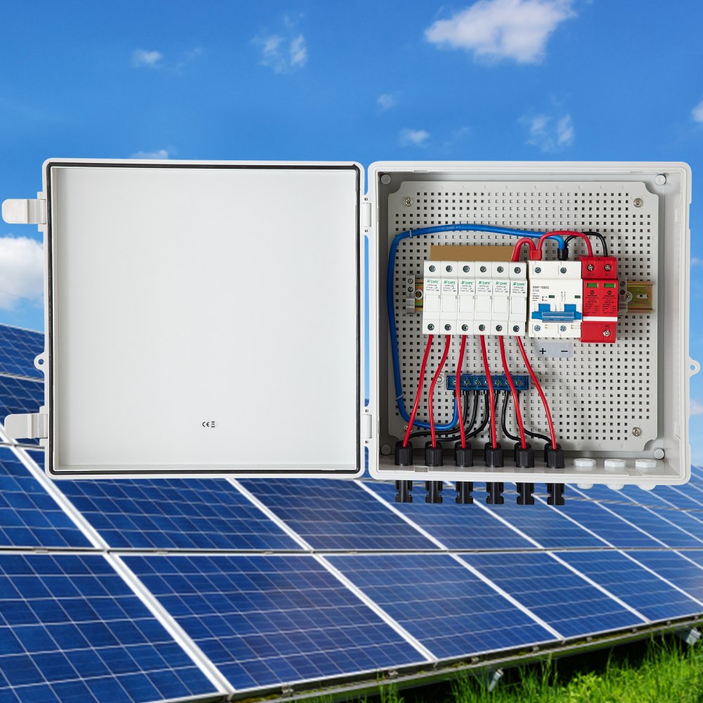 VEVOR PV Combiner Box, 6 String, Solar Combiner Box with 15A Rated Current Fuse, 125A Circuit Breaker, Lightning Arreste and Solar Connector, for On / Off Grid Solar Panel System, IP65 Waterproof