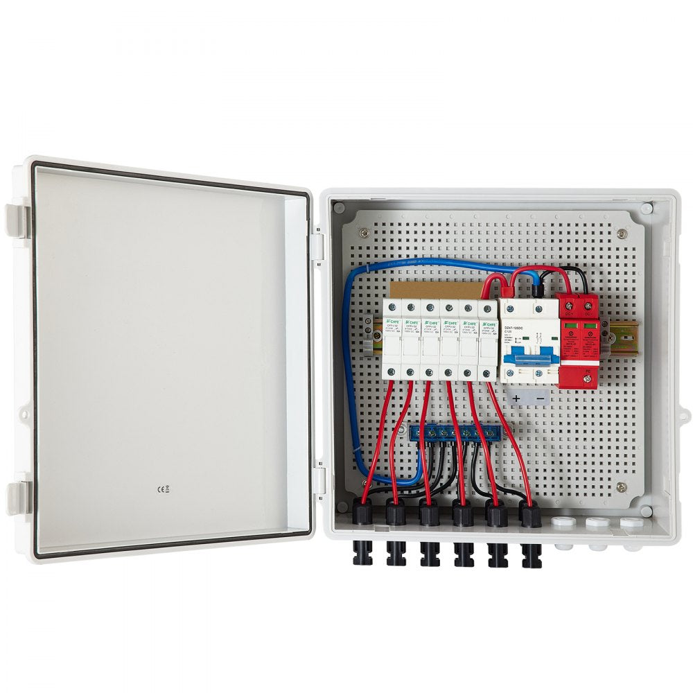 VEVOR PV Combiner Box, 6 String, Solar Combiner Box with 15A Rated Current Fuse, 125A Circuit Breaker, Lightning Arreste and Solar Connector, for On / Off Grid Solar Panel System, IP65 Waterproof