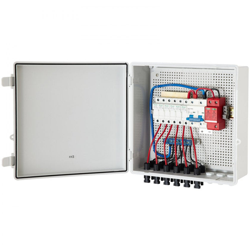 VEVOR PV Combiner Box, 6 String, Solar Combiner Box with 15A Rated Current Fuse, 125A Circuit Breaker, Lightning Arreste and Solar Connector, for On / Off Grid Solar Panel System, IP65 Waterproof