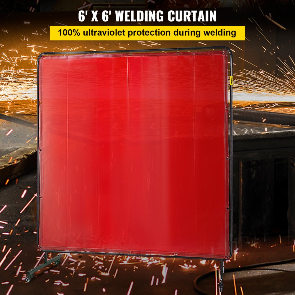 VEVOR Welding Screen with Frame 6\' x 6\', Welding Curtain with 4 Wheels, Welding Protection Screen Red Flame-Resistant Vinyl, Portable Light-Proof Professional