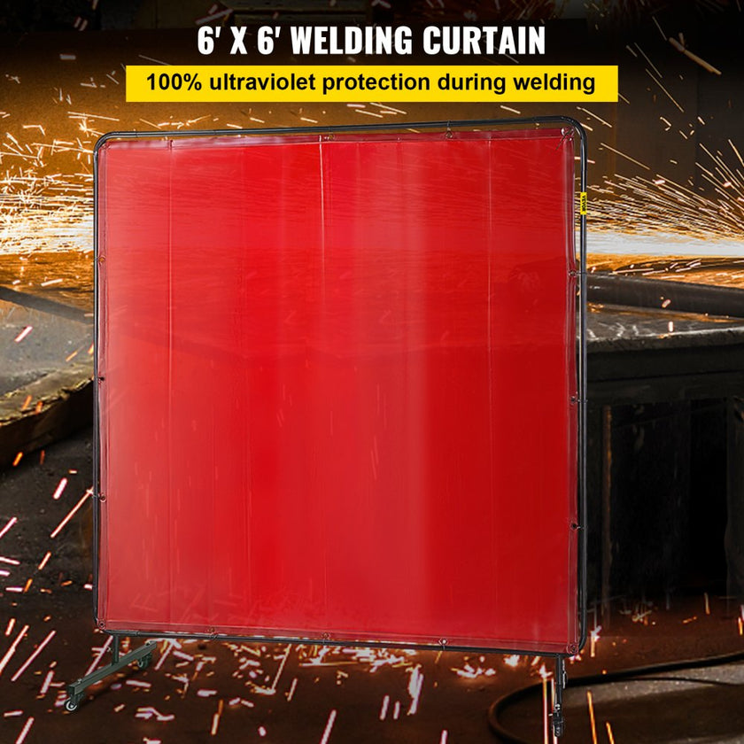 VEVOR Welding Screen with Frame 6\' x 6\', Welding Curtain with 4 Wheels, Welding Protection Screen Red Flame-Resistant Vinyl, Portable Light-Proof Professional
