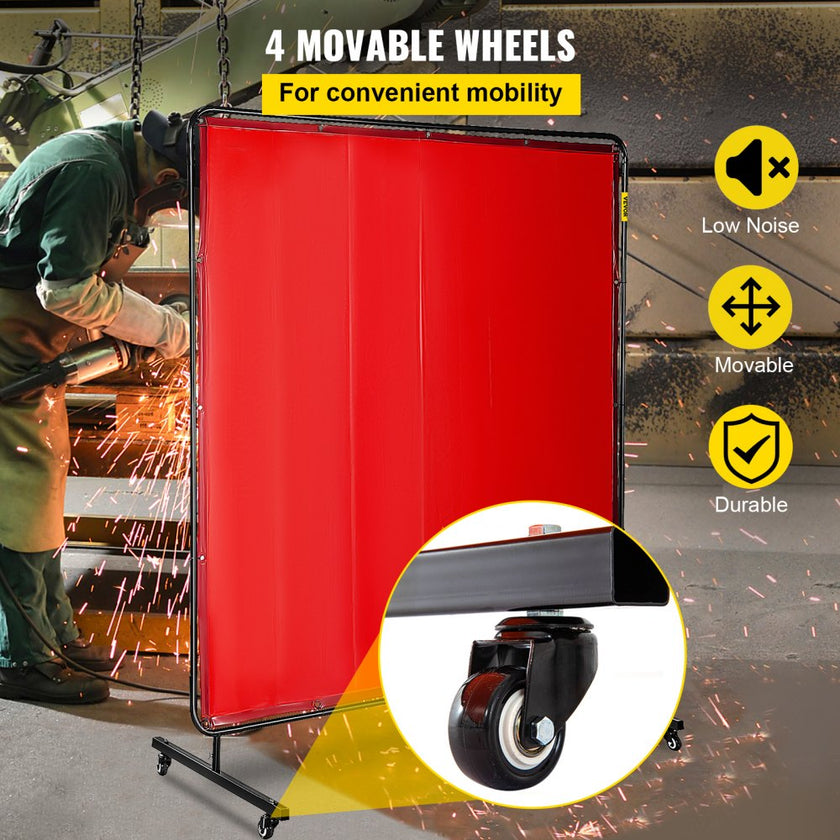 VEVOR Welding Screen with Frame 6\' x 6\', Welding Curtain with 4 Wheels, Welding Protection Screen Red Flame-Resistant Vinyl, Portable Light-Proof Professional
