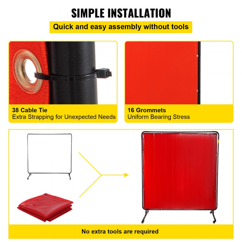 VEVOR Welding Screen with Frame 6\' x 6\', Welding Curtain with 4 Wheels, Welding Protection Screen Red Flame-Resistant Vinyl, Portable Light-Proof Professional