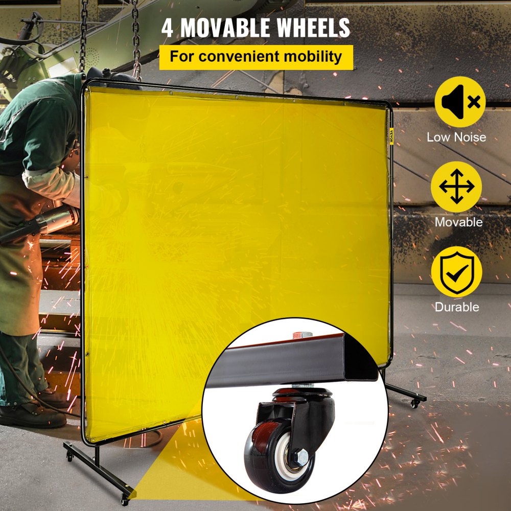 VEVOR Welding Screen with Frame 8\' x 6\', Welding Curtain with 4 Wheels, Welding Protection Screen Yellow Flame-Resistant Vinyl, Portable Light-Proof Professional