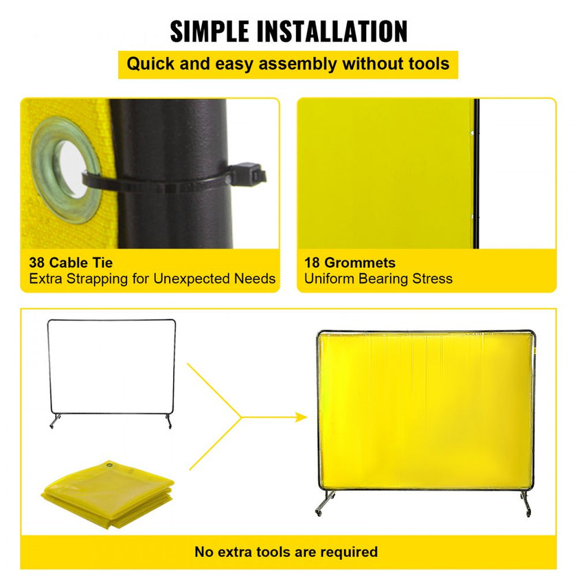 VEVOR Welding Screen with Frame 8\' x 6\', Welding Curtain with 4 Wheels, Welding Protection Screen Yellow Flame-Resistant Vinyl, Portable Light-Proof Professional