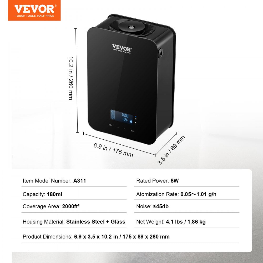 VEVOR Scent Air Machine, 180ml Bluetooth Smart Essential Oil Diffuser, 2000sq.ft Waterless HVAC Scent Diffuser with Cold Air Technology, Aromatherapy Diffuser Machine for Home, Office, Hotel,