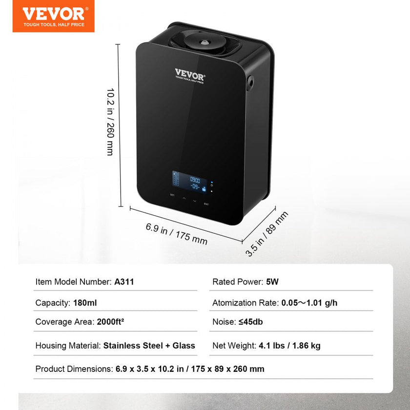 VEVOR Scent Air Machine, 180ml Bluetooth Smart Essential Oil Diffuser, 2000sq.ft Waterless HVAC Scent Diffuser with Cold Air Technology, Aromatherapy Diffuser Machine for Home, Office, Hotel,