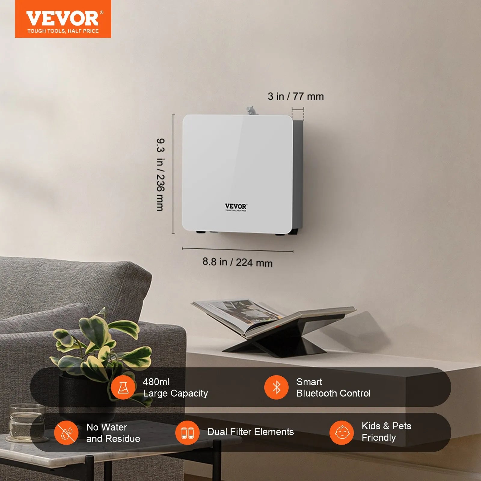 VEVOR Scent Air Machine, 480ml Bluetooth Smart Essential Oil Diffuser, 2500sq.ft Waterless Scent Diffuser with Cold Air Technology, Aromatherapy Diffuser Machine for Home, Office, Hotel, Spa