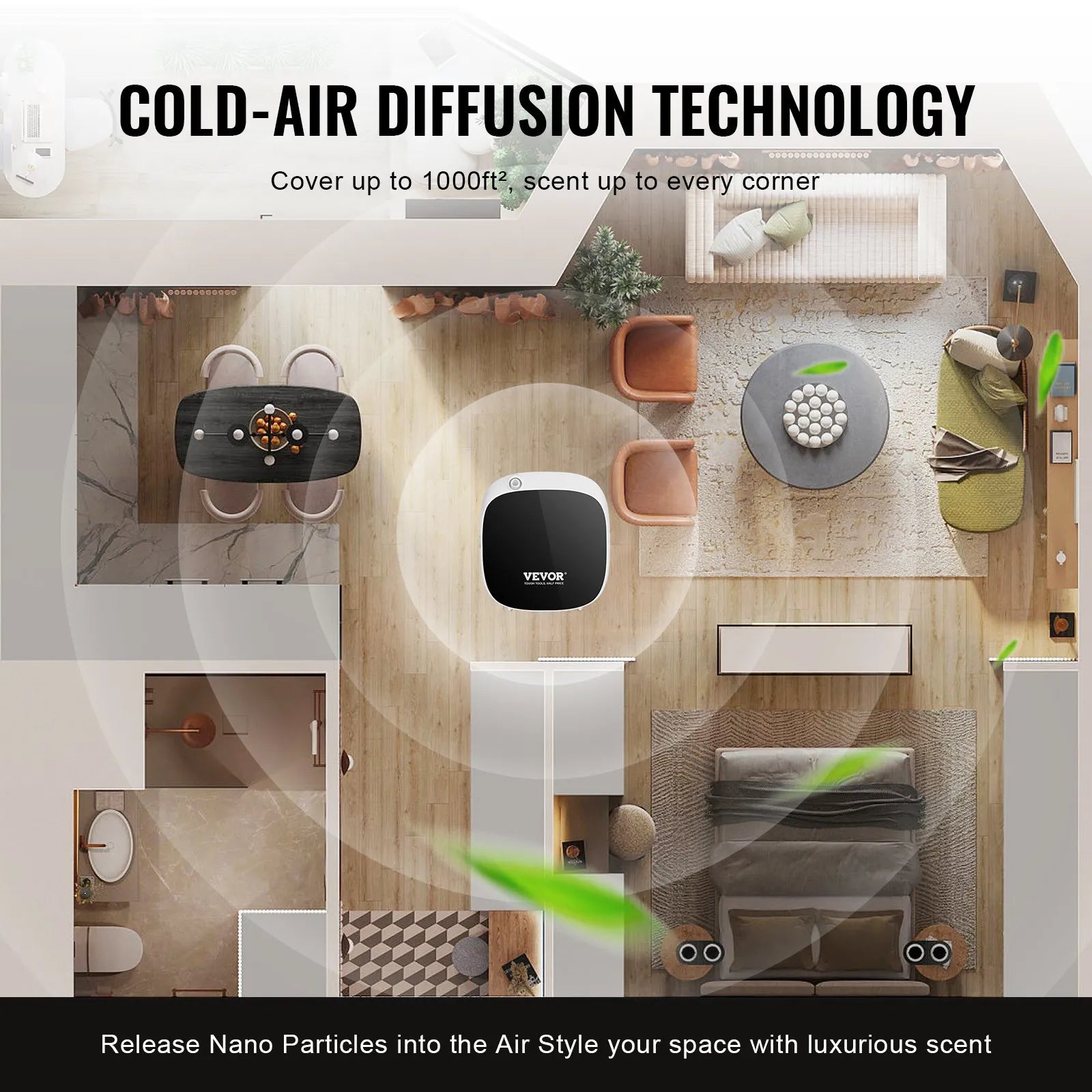 VEVOR Scent Air Machine, 100ml Bluetooth Smart Essential Oil Diffuser, 1000sq.ft Waterless Scent Diffuser with Cold Air Technology, Aromatherapy Diffuser Machine for Home, Office, Hotel, Spa