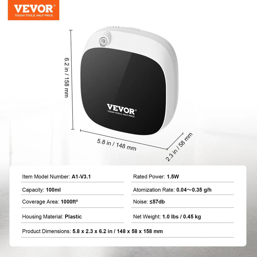 VEVOR Scent Air Machine, 100ml Bluetooth Smart Essential Oil Diffuser, 1000sq.ft Waterless Scent Diffuser with Cold Air Technology, Aromatherapy Diffuser Machine for Home, Office, Hotel, Spa