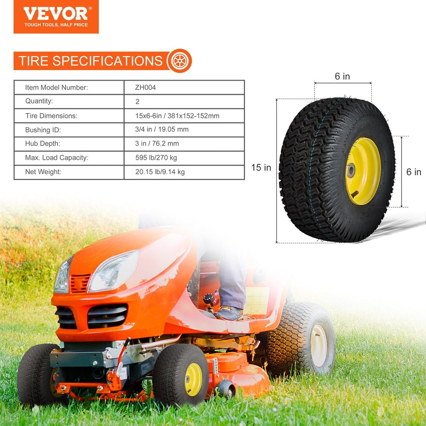 VEVOR Lawn Mower Tires with Rim, 15x6-6