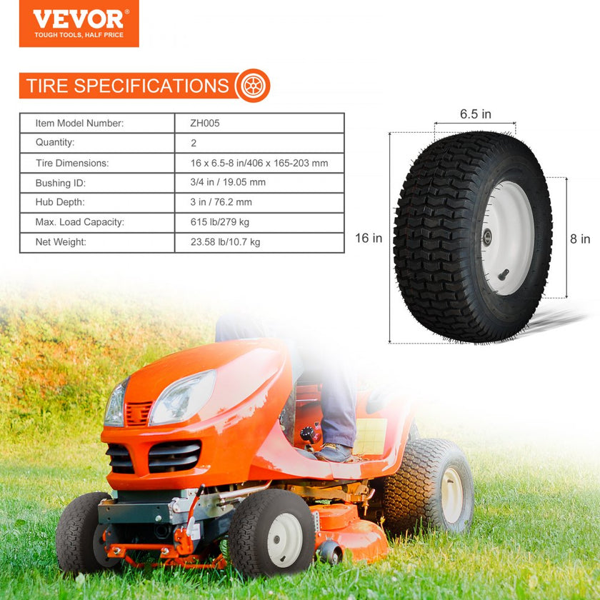 VEVOR Lawn Mower Tires with Rim, 16x6.5-8
