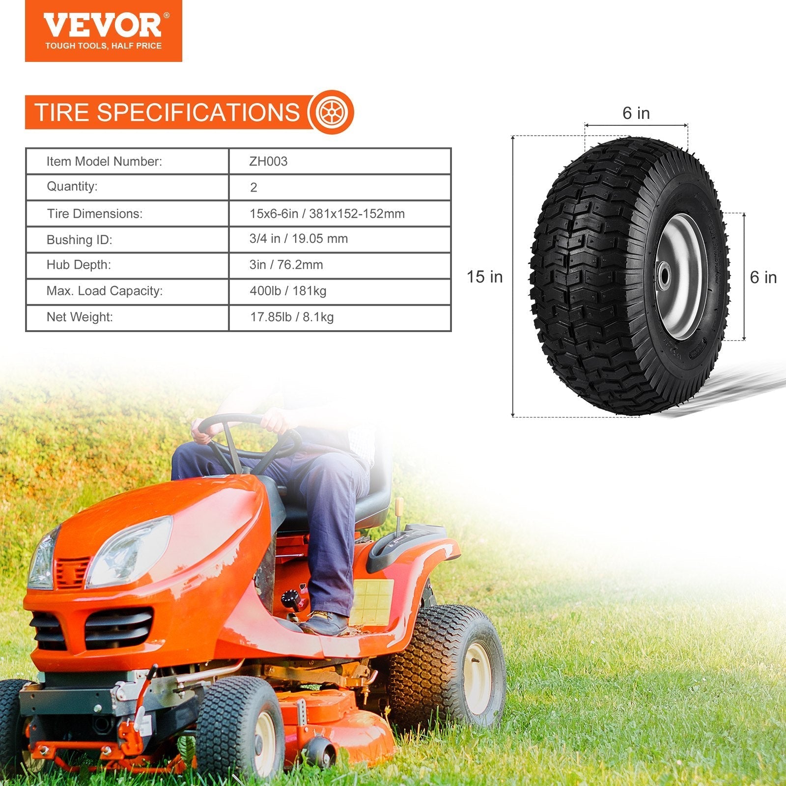 VEVOR Lawn Mower Tires, 15x6-6
