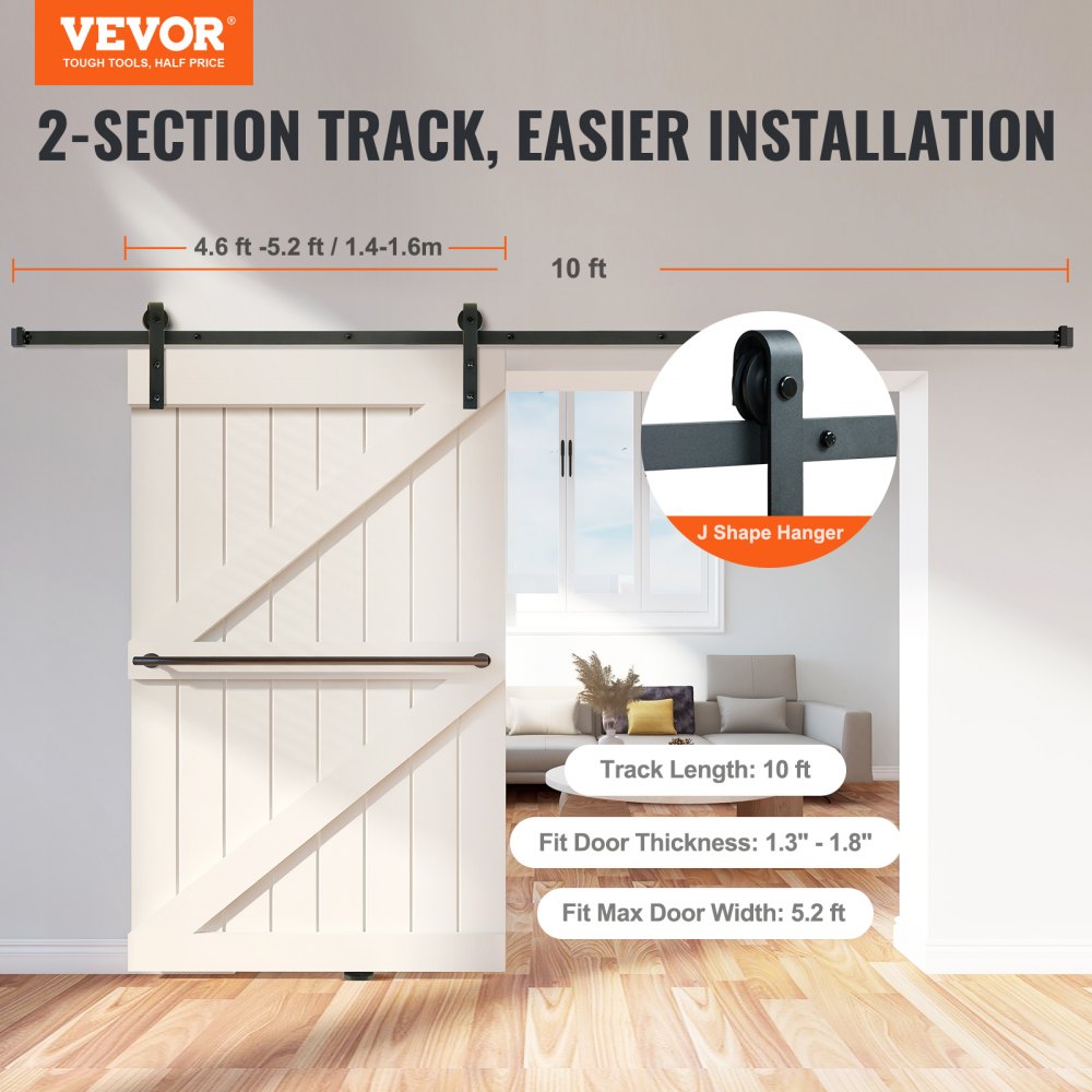 VEVOR 10FT Sliding Barn Door Hardware Kit, 330LBS Loading Heavy Duty Barn Door Track Kit for Single Door, Fit 4.6-5.2FT Wide and 1.3