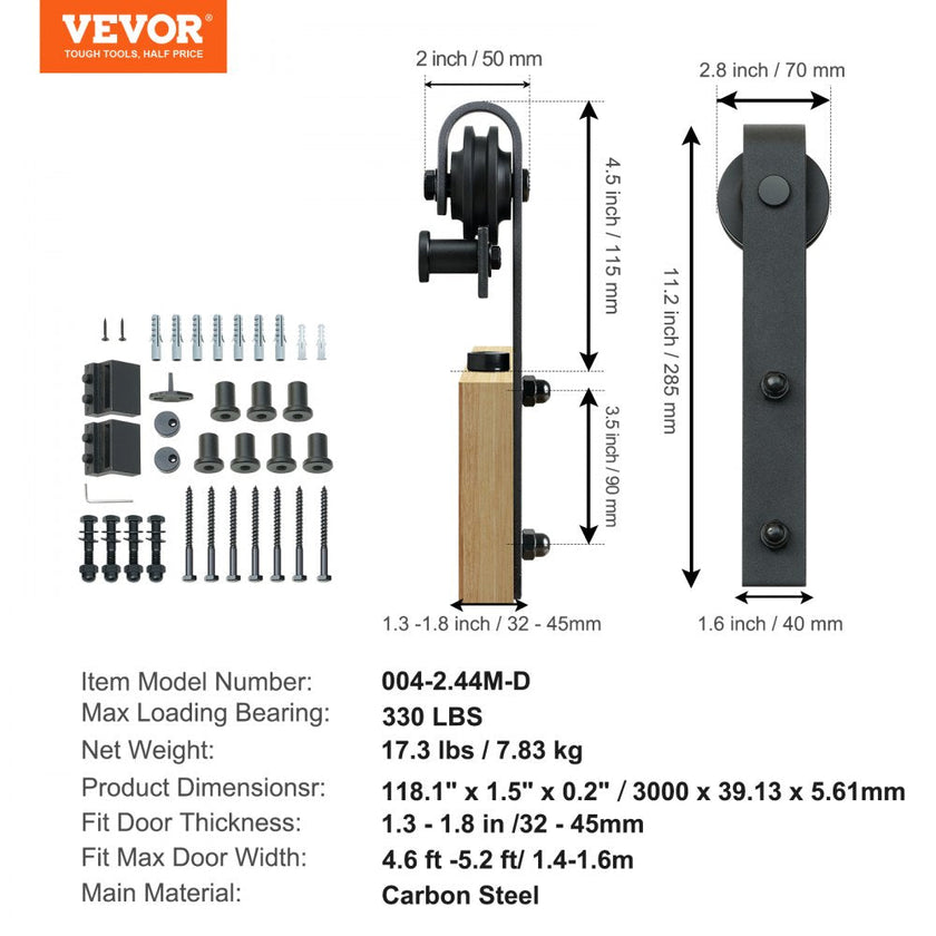 VEVOR 10FT Sliding Barn Door Hardware Kit, 330LBS Loading Heavy Duty Barn Door Track Kit for Single Door, Fit 4.6-5.2FT Wide and 1.3