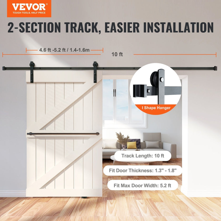 VEVOR 10FT Sliding Barn Door Hardware Kit, 330LBS Loading Heavy Duty Barn Door Track Kit for Single Door, Fit 4.6-5.2FT Wide and 1.3