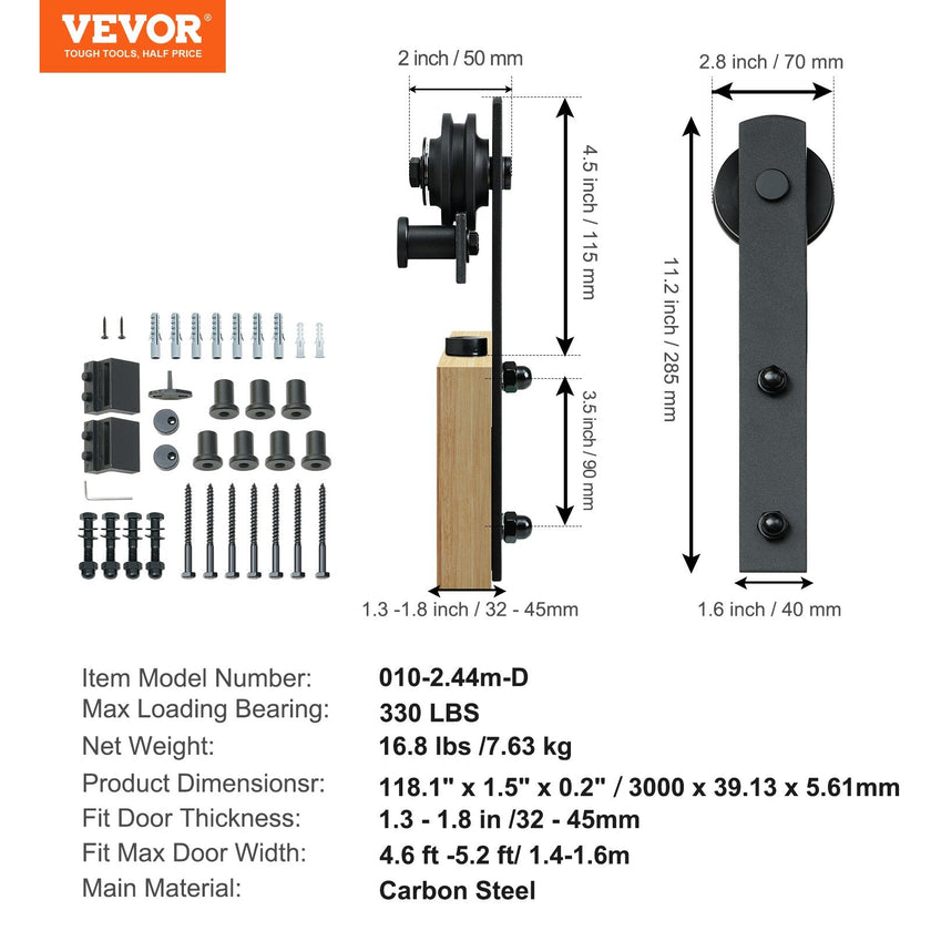 VEVOR 10FT Sliding Barn Door Hardware Kit, 330LBS Loading Heavy Duty Barn Door Track Kit for Single Door, Fit 4.6-5.2FT Wide and 1.3